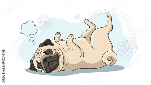 Cute pug dog sleeping peacefully on its back while having a sweet dream represented by a thought bubble.