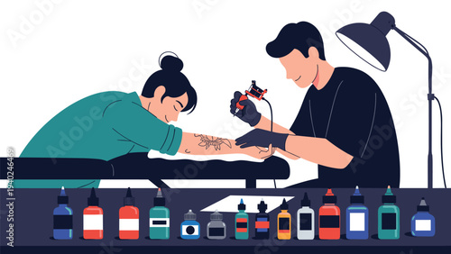 Professional tattoo artist wearing gloves carefully applies a detailed design to a customer arm in a studio.