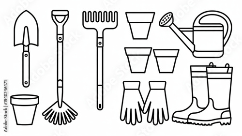 Gardening tools and accessories including shovel rake watering can boots gloves and pots for planting and nurturing plants in a garden or yard