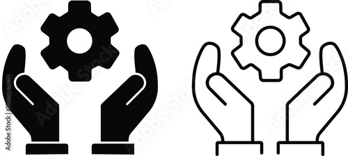 Hands holding a gear icon, representing service, support, and technical assistance in both solid and outline styles.