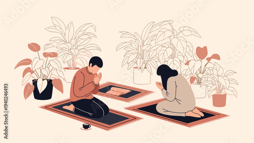 Couple practicing mindfulness and prayer on mats surrounded by potted houseplants in a peaceful indoor environment with warm tones.