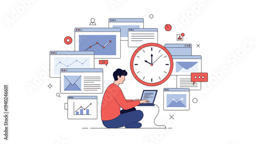 Productive man sitting on the floor with laptop surrounded by many data windows and a large clock signifying time management.