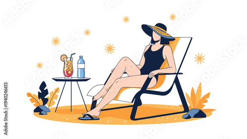 Elegant woman wearing a black swimsuit and sun hat relaxing on a beach lounge chair under a bright sunny sky with drinks.