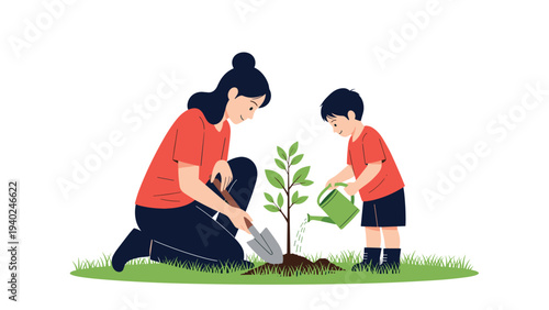 Loving mother and her young son working together to plant and water a small tree in a park helping nature to grow for future.
