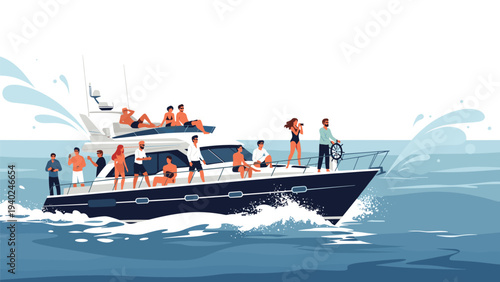 Large group of happy people enjoying a social gathering and party on a luxury white yacht cruising through the blue ocean waves.