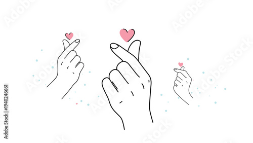 Multiple hand-drawn sketches of hands making the finger heart symbol with small pink hearts floating above them on white background.