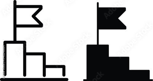 Two minimalist icons depicting a winner's podium with a flag, one in outline and one solid black.