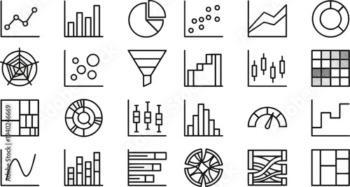 Create a realistic collection of 24 line-style graph and chart icons for apps, websites, dashboards, business analytics, statistics, and data presentation. Ideal for reports, infographics, and financ