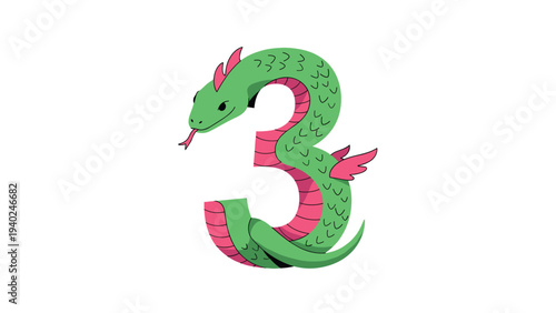Green and pink snake creature with small wings creatively wrapped around a large stylized number three on a white background.