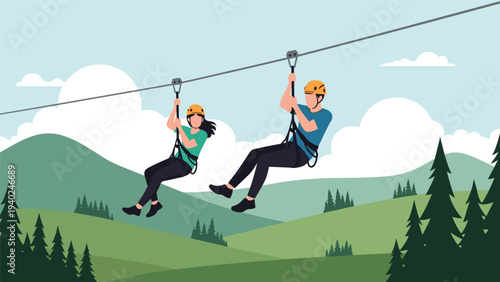 Adventurous couple wearing helmets and harnesses gliding down a zipline over a beautiful mountain and forest landscape at sunset.
