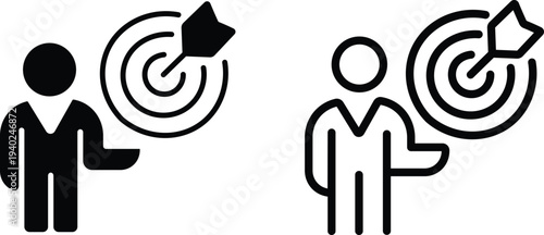 A person icon pointing towards a target with an arrow, representing goals and achievement in business.