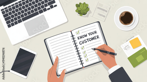 Businessperson writing in notebook with 'know your customer' on desk with laptop coffee and smartphone