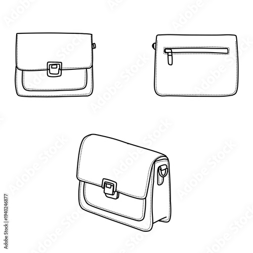 Hand-drawn messenger bag illustrations in three different views.