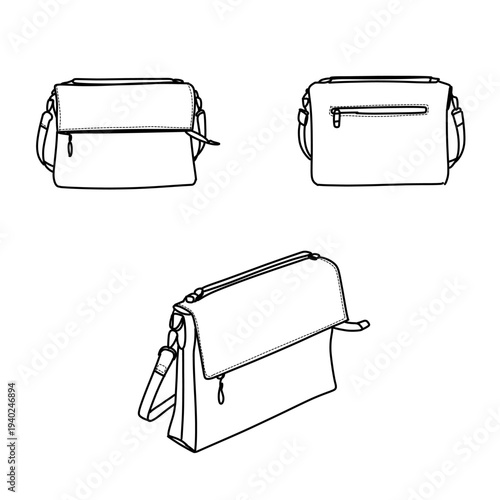 Detailed Line Art Depiction of a Stylish Shoulder Bag.