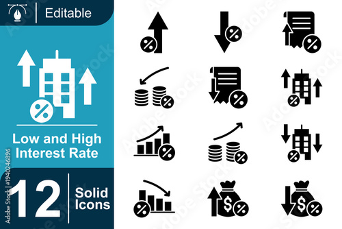 Low and high interest rate icon set. Financial interest percentage, banking rate increase and decrease, loan interest analysis, mortgage trend indicators, economic finance metrics and more. Solid vect