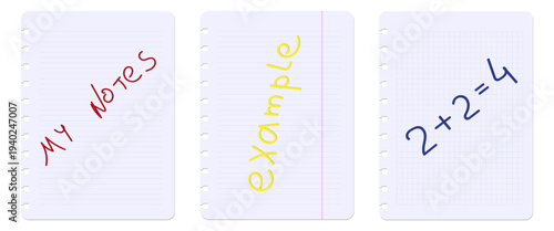 Set of realistic notebook paper sheets with spiral holes, including lined, ruled with margin, and squared grid pages isolated on transparent background
