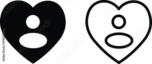 Vector illustration of a person icon within a heart shape, presented in both filled and outline styles, symbolizing love or user preference.