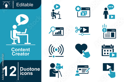 Content creator icon set. Digital media production, social media content creation, online video publishing, influencer marketing, streaming broadcast, video editing tools and more. Duotone vector icon