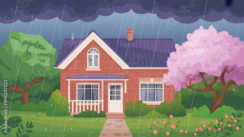 Cozy red house with white trim on a rainy day surrounded by lush greenery and vibrant pink cherry blossom tree