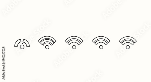 Set of five different wifi signal strength icons indicating various levels of wireless internet connection from none to full signal