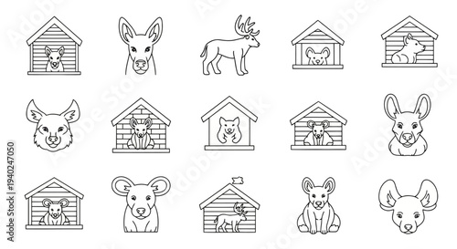 Set of animal icons in houses or their natural habitat featuring dogs deer mice and rabbits symbolizing pets wildlife and nature illustrations for conservation and domestic themes