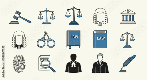 Law and justice icons with gavel, scales, wig, handcuffs, law books, courthouse, fingerprint, magnifying glass, judge and quill pen