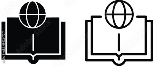 An icon depicting an open book with a globe on top, symbolizing global knowledge and education and universal learning.