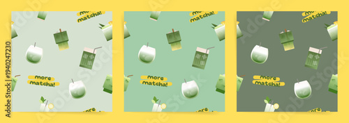 Seamless Cute Matcha Drink Pattern with Tea Cups. Green Vector Background Seamless Pattern for Textile Print, Fabric, Wallpaper, Wrapping Paper and Surface Design
