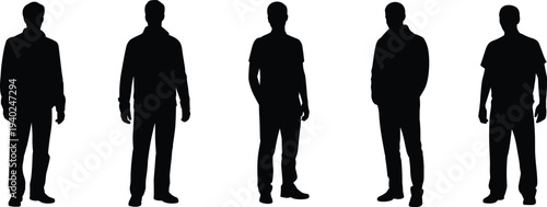 Male people standing silhouettes set, casual men poses collection isolated black silhouette characters concept
