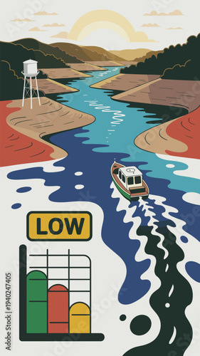 Low river water level indicator showing drought conditions. Environmental illustration of river with boat and low water level indicator chart representing drought and water scarcity.