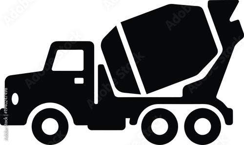 A black silhouette of a cement mixer truck on a white background