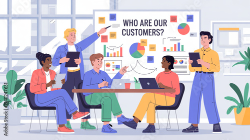 Diverse team discussing customer demographics around a table with charts and graphs on the wall