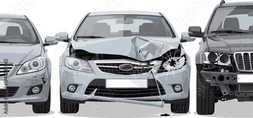 Create a realistic kinds of deferent front of a car damaged in a collision vector art with white background..