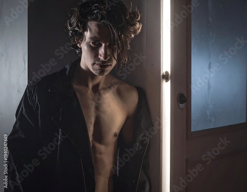 Intense Portrait of a Man in Shadowy Light.