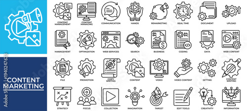 Content Marketing icon set collection. Containing services, imagination, performance, report, writing, management, plan .Line vector icons collection