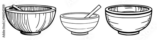 Minimal black line art illustration of a simple wooden ritual bowl on white background, perfect for spiritual, yoga, meditation or altar themes.