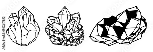 Black line art illustration of a single amethyst crystal cluster on pristine white background, perfect for mystical and gemstone design projects