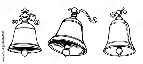 Black line art illustration of an ornate bell with detailed handle on crisp white background, ideal for graphic design, branding and marketing