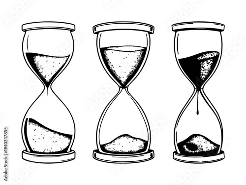 Elegant black line art hourglass illustration featuring dark sand pouring on white background, perfect for timeless timekeeping design projects