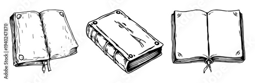 Intricate Black Line Art Illustration of an Antique Leather-Bound Spellbook on a Clean White Background, Ideal for Fantasy and Mysterious Themes