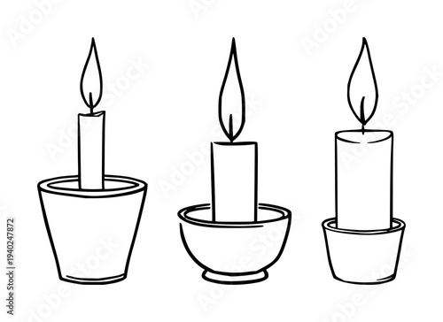 Black line art illustration of a single candle in a simple holder against a white background – minimalistic candle design for branding cover