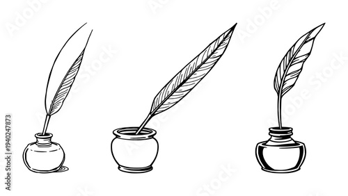 Black line illustration of quill pen in a classic inkwell on white background, ideal for literary or vintage stationery design projects
