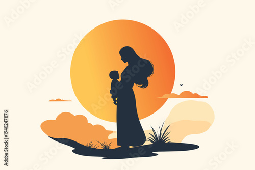 Tropical sunset beach vector illustration featuring silhouettes of a man, woman, and child with a boat under palm trees at sea during a romantic summer holiday