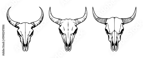 Black line art animal skull with horns on white background minimalistic skull illustration gothic design animal symbolism monochrome art