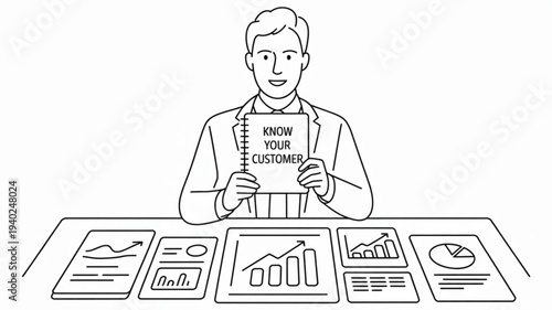 Businessman holding 'know your customer' notebook with various charts and graphs on table