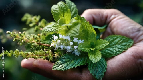 Hand holding fresh peppermint and spearmint herbs with green aroma in a garden setting during daylight