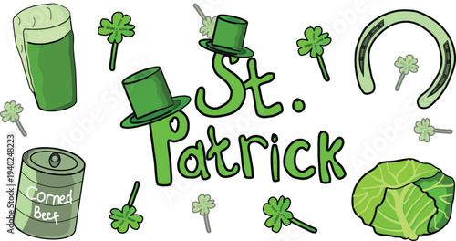 St. Patricks Day icons beer, horseshoes, top hat, lettuce, corned beef can, clover leaf