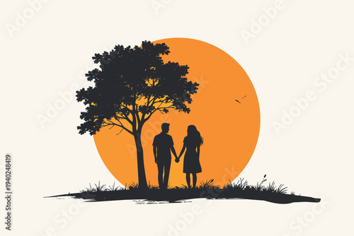 Elephant and tree silhouette in sunset forest landscape