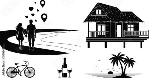 Romantic beach vacation silhouette, couple walking love travel, tropical house illustration, palm trees sunset, wine glasses celebration, leisure paradise art