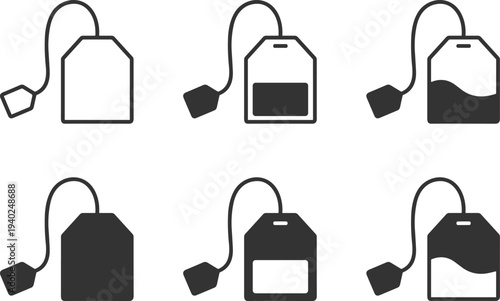 Tea bag icon set, herbal tea infusion bag illustrations, hot drink beverage symbols, kitchen beverage vector collection